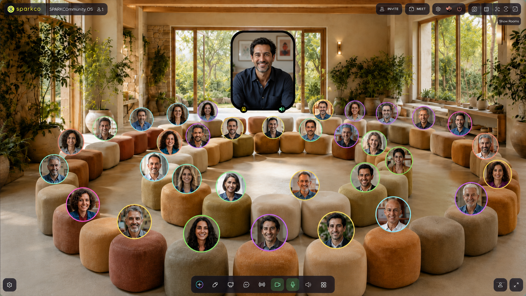 Sparkco live room with a presenter and diverse participant avatars
