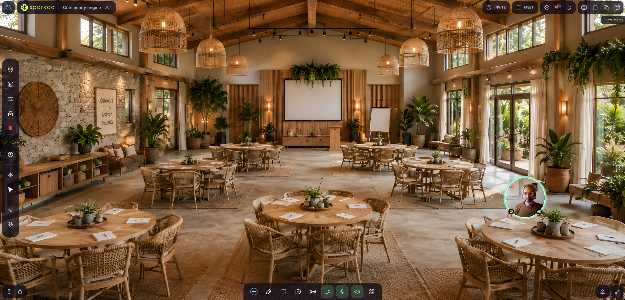 A live Sparkco community space with tables, rooms, avatars and screens
